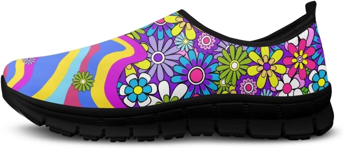 Slip on Loafers for Women Hippie Retro Floral Design Breathable Walking Sneakers Sport Shoes Anti-Slip Sole