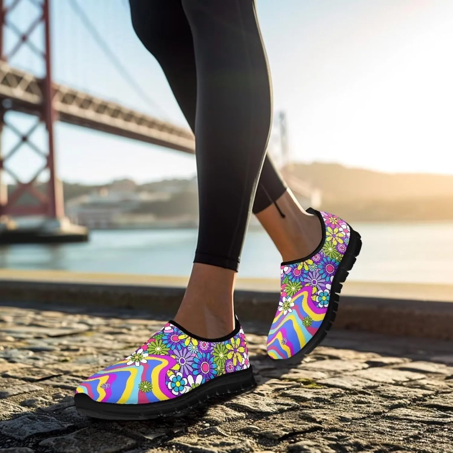 Slip on Loafers for Women Hippie Retro Floral Design Breathable Walking Sneakers Sport Shoes Anti-Slip Sole