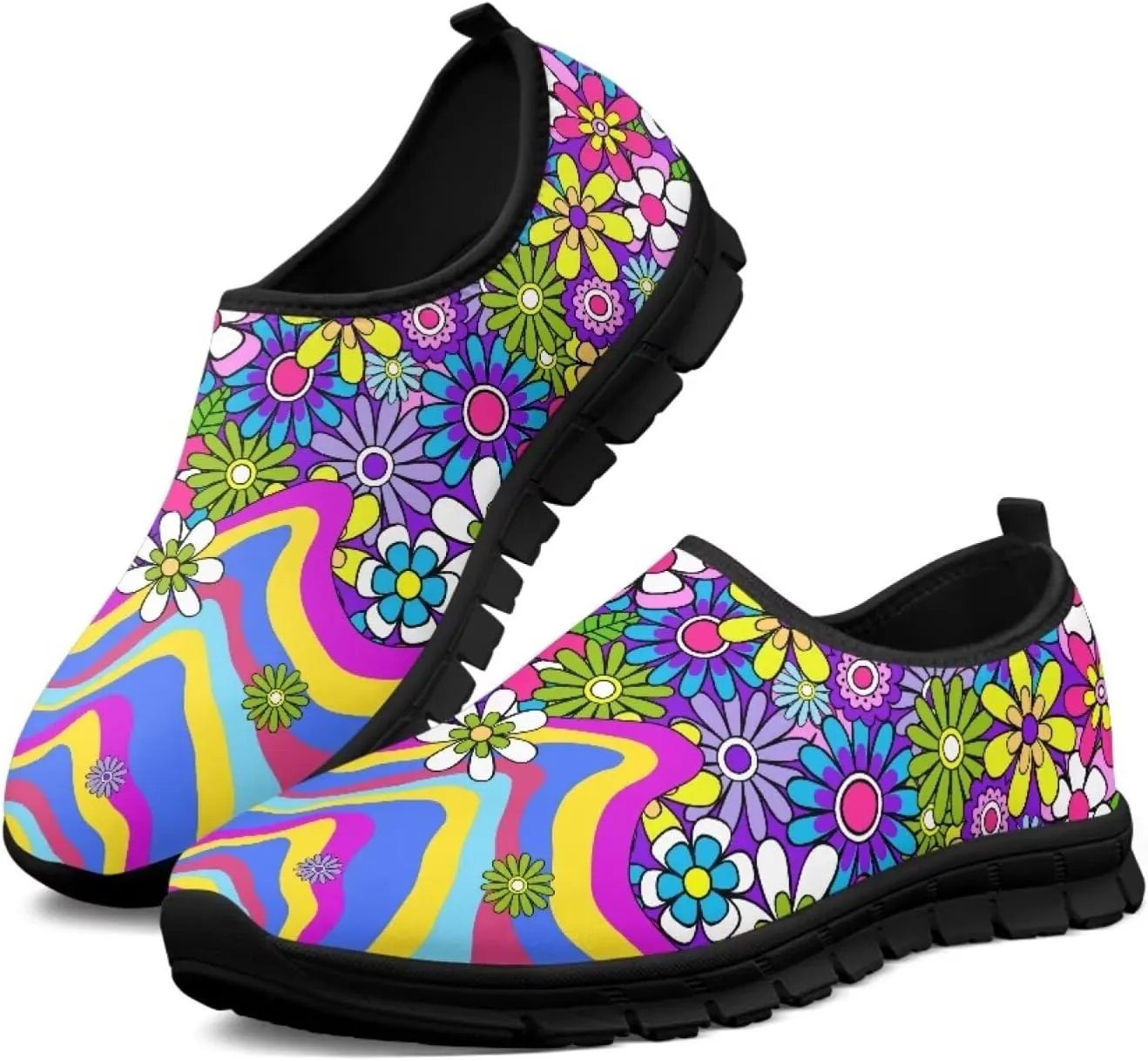 Slip on Loafers for Women Hippie Retro Floral Design Breathable Walking Sneakers Sport Shoes Anti-Slip Sole
