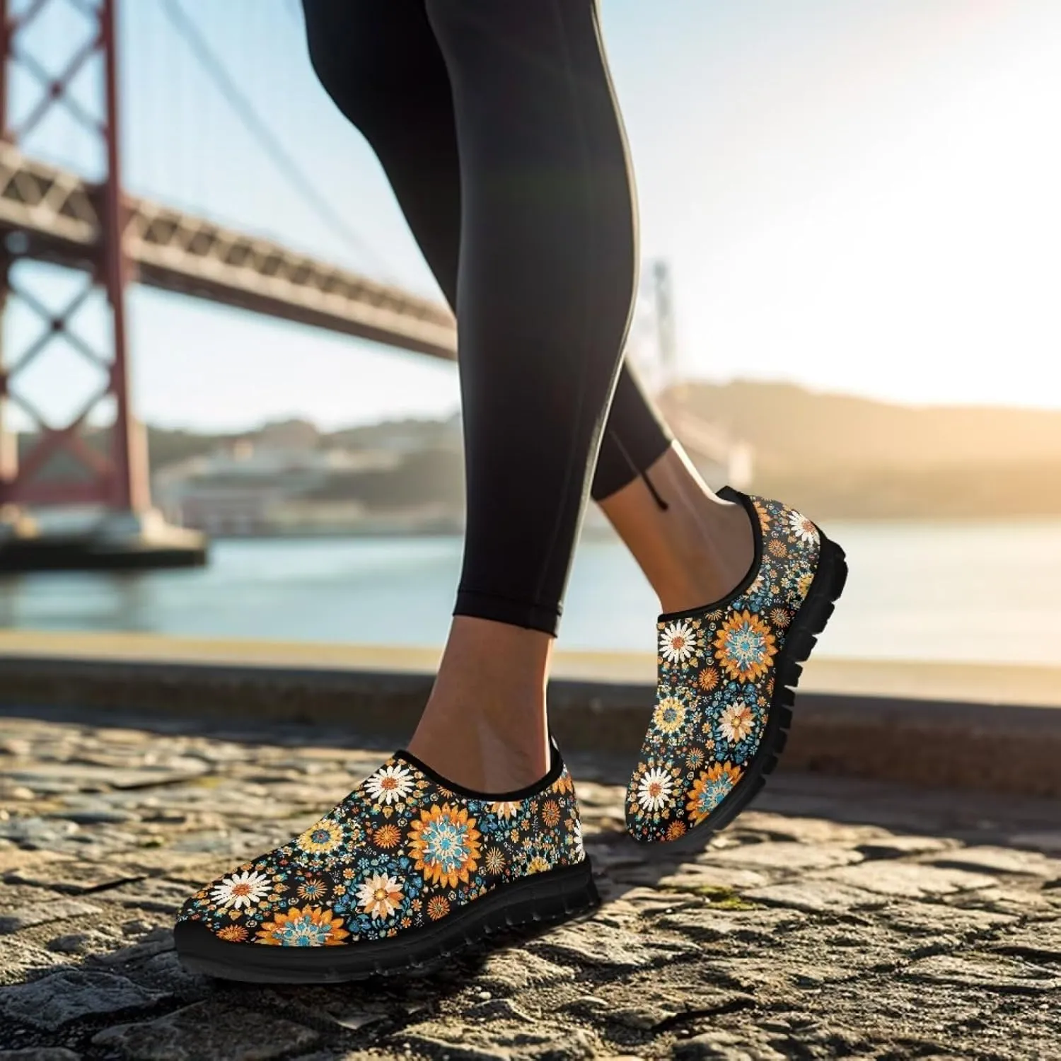 Slip on Loafers for Women Hippie Retro Floral Design Breathable Walking Sneakers Sport Shoes Anti-Slip Sole