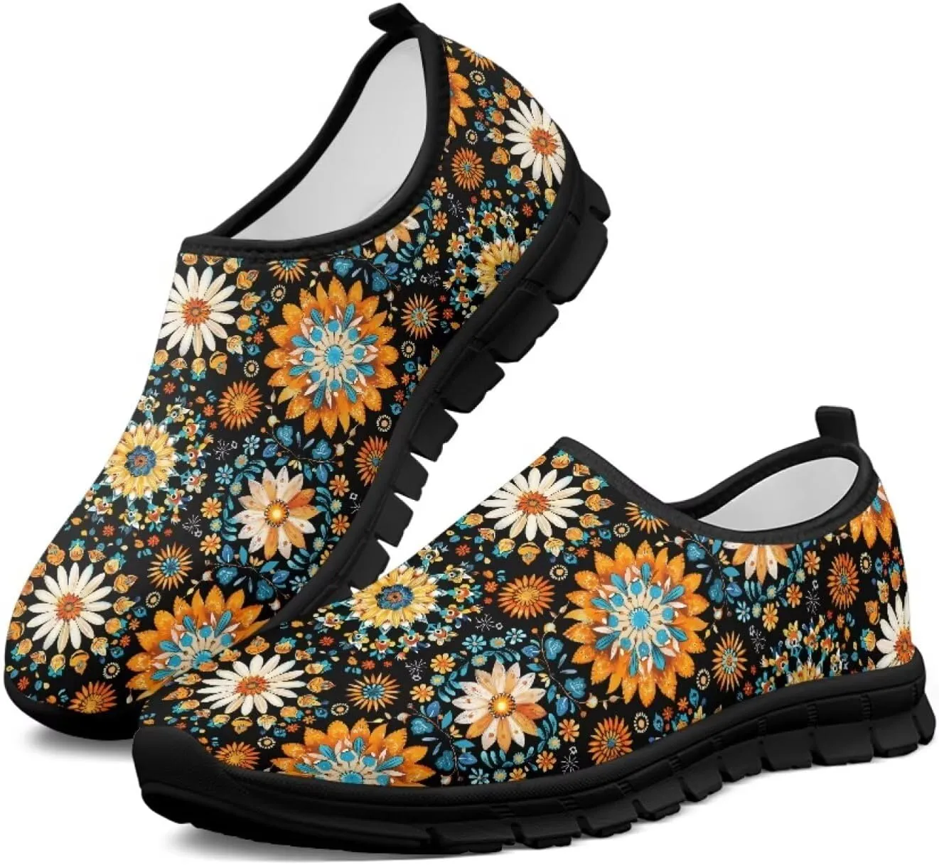 Slip on Loafers for Women Hippie Retro Floral Design Breathable Walking Sneakers Sport Shoes Anti-Slip Sole