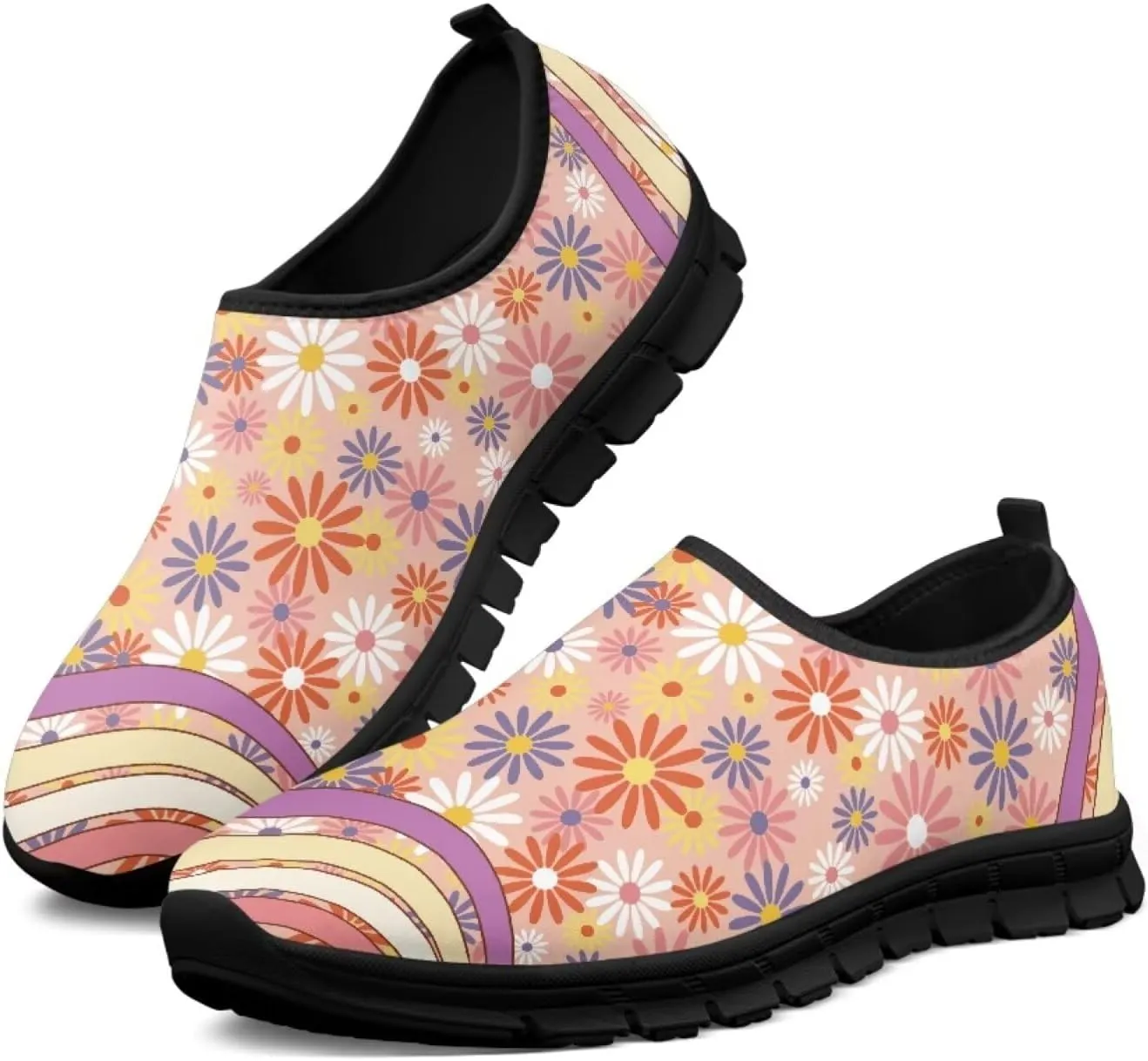 Slip on Loafers for Women Hippie Retro Floral Design Breathable Walking Sneakers Sport Shoes Anti-Slip Sole