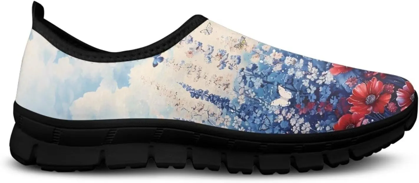 Slip on Loafers for Women Hippie Retro Floral Design Breathable Walking Sneakers Sport Shoes Anti-Slip Sole