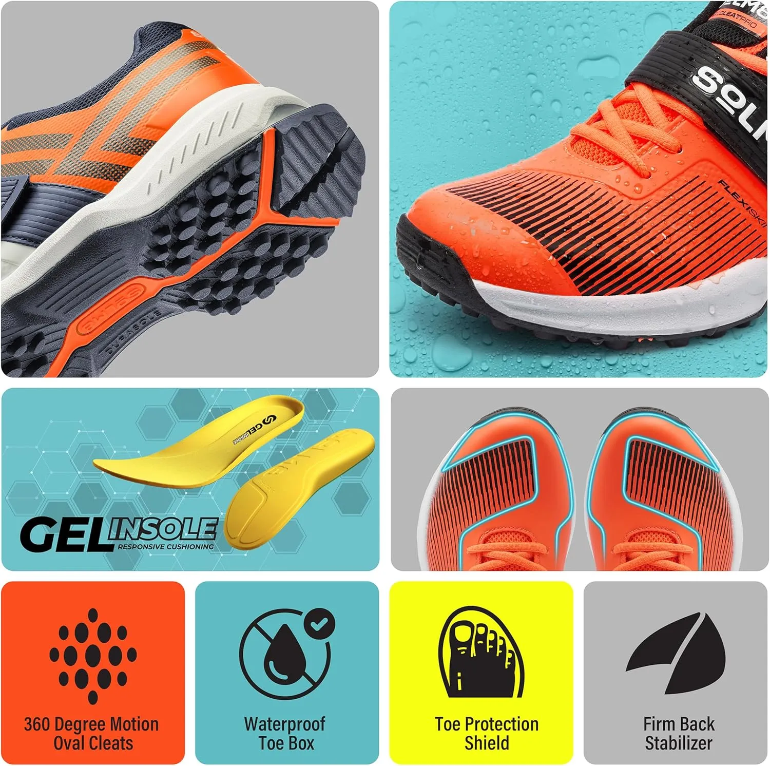 SOLM8 S8 Cricket Shoes - Rubber Spikes Professional Cleats for Outdoor Turf and Field Sports Gel Cushioned Insole