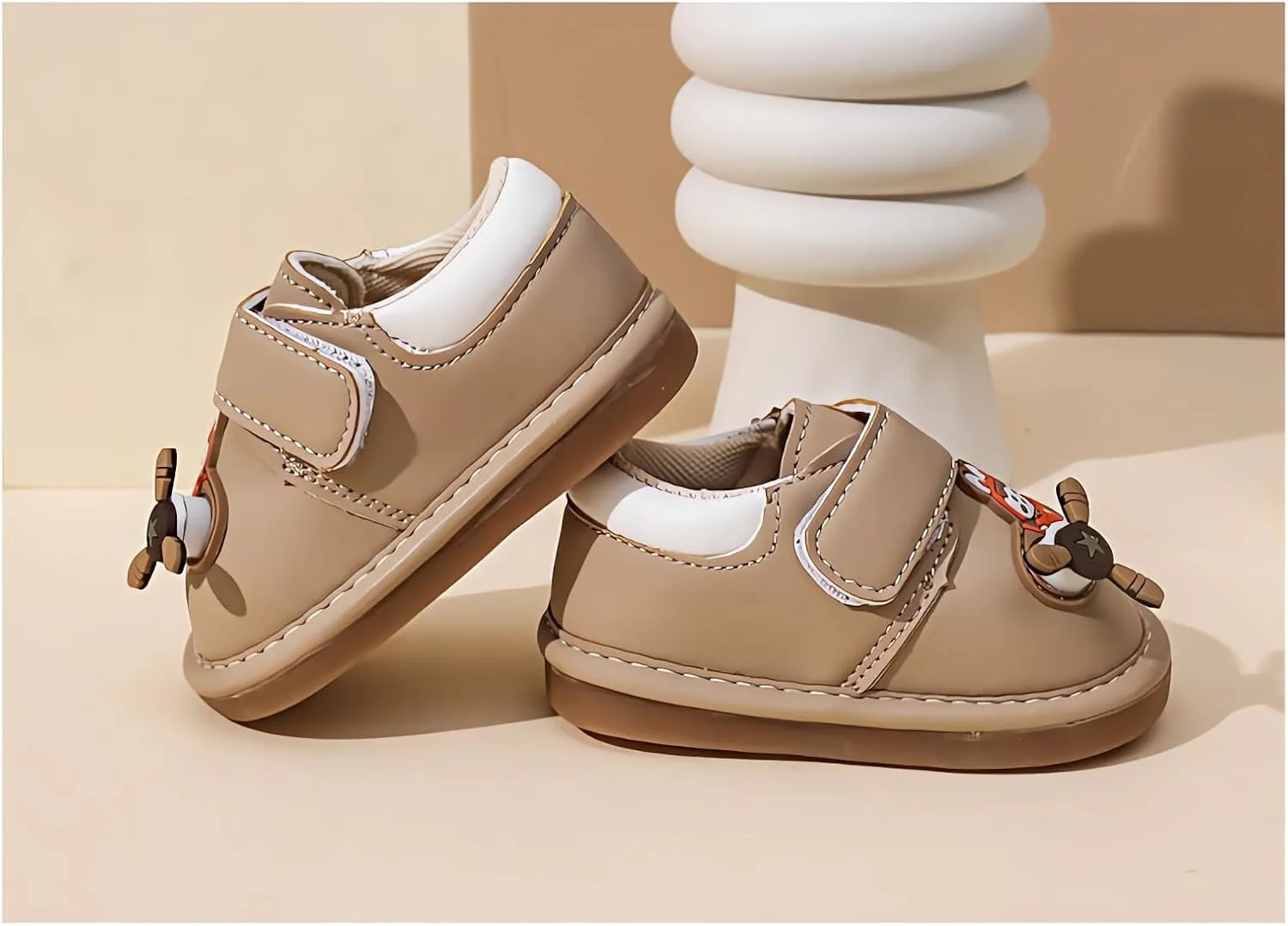 Squeaky Casual Cartoon Anti-Slip Rubber Sole Toddler First Walkers Shoes for Boys Girls??Khaki/Beige/Pink,Sole Length 11.5-13.5cm??