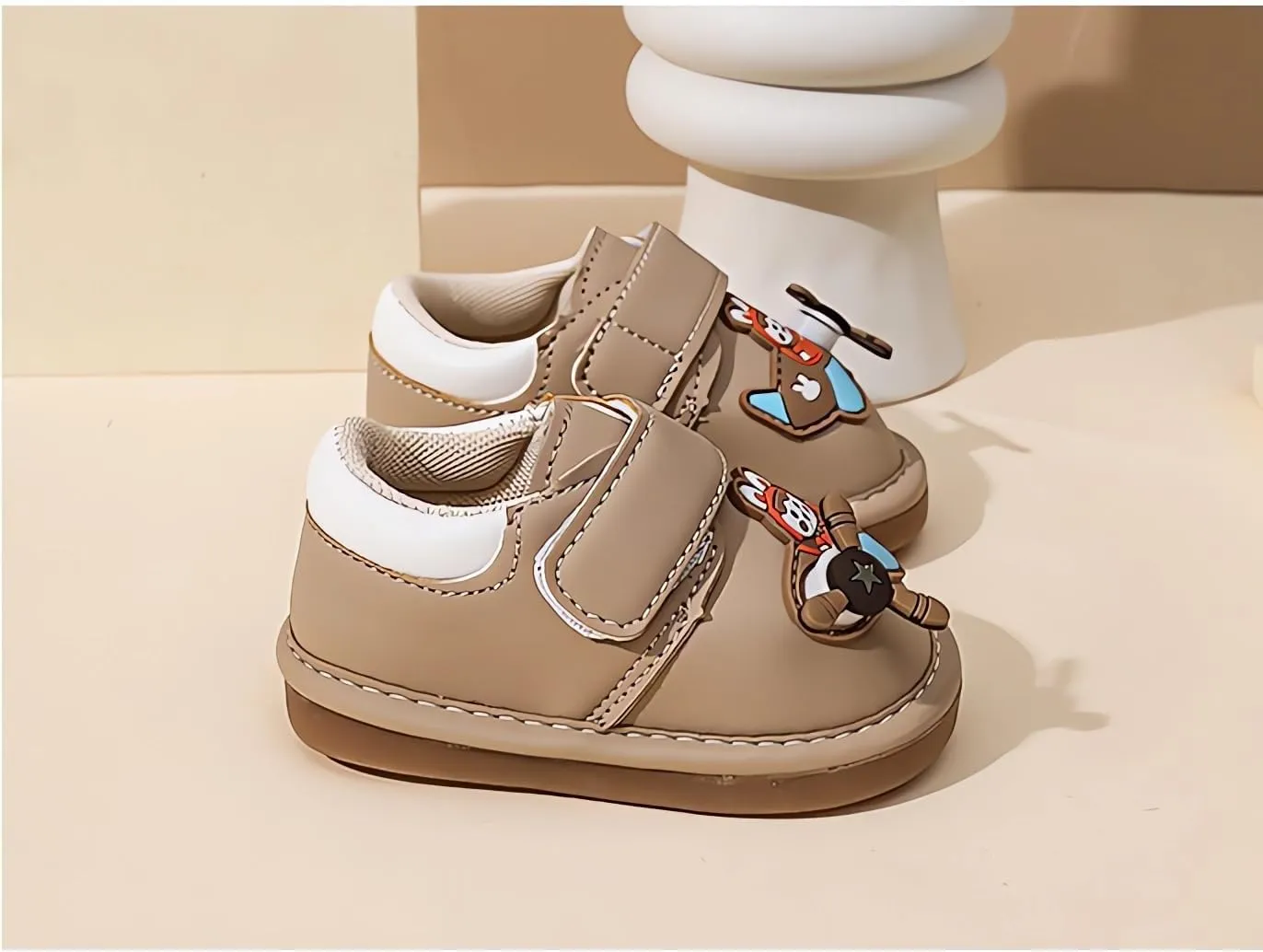 Squeaky Casual Cartoon Anti-Slip Rubber Sole Toddler First Walkers Shoes for Boys Girls??Khaki/Beige/Pink,Sole Length 11.5-13.5cm??
