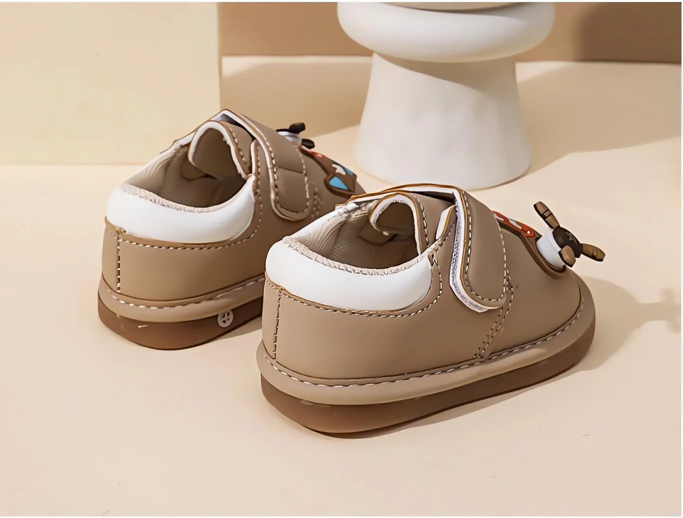 Squeaky Casual Cartoon Anti-Slip Rubber Sole Toddler First Walkers Shoes for Boys Girls??Khaki/Beige/Pink,Sole Length 11.5-13.5cm??