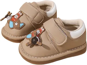 Squeaky Casual Cartoon Anti-Slip Rubber Sole Toddler First Walkers Shoes for Boys Girls??Khaki/Beige/Pink,Sole Length 11.5-13.5cm??