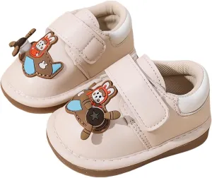 Squeaky Casual Cartoon Anti-Slip Rubber Sole Toddler First Walkers Shoes for Boys Girls??Khaki/Beige/Pink,Sole Length 11.5-13.5cm??