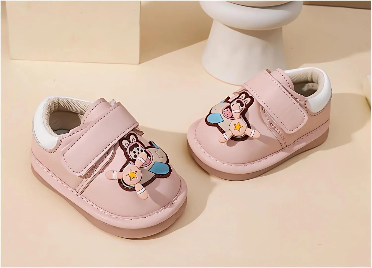Squeaky Casual Cartoon Anti-Slip Rubber Sole Toddler First Walkers Shoes for Boys Girls??Khaki/Beige/Pink,Sole Length 11.5-13.5cm??