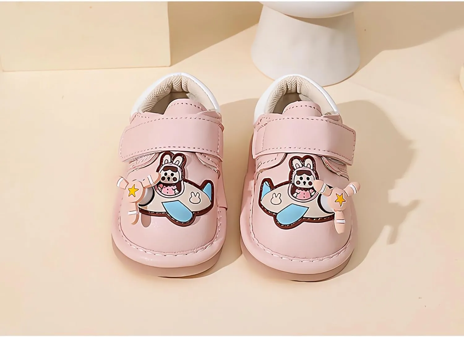 Squeaky Casual Cartoon Anti-Slip Rubber Sole Toddler First Walkers Shoes for Boys Girls??Khaki/Beige/Pink,Sole Length 11.5-13.5cm??