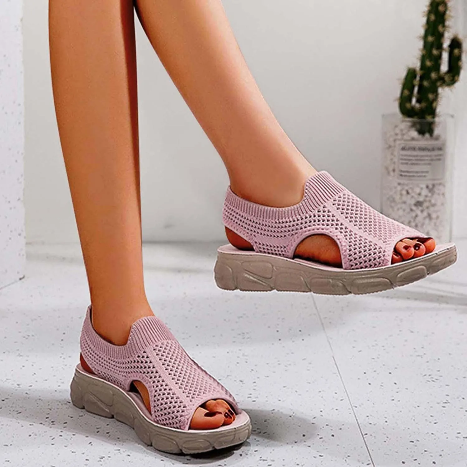 Summer Sandals for Women Hollow Out Breathable Casual Shoes Cushioned Footbed Arch-Support Outdoor Sandal