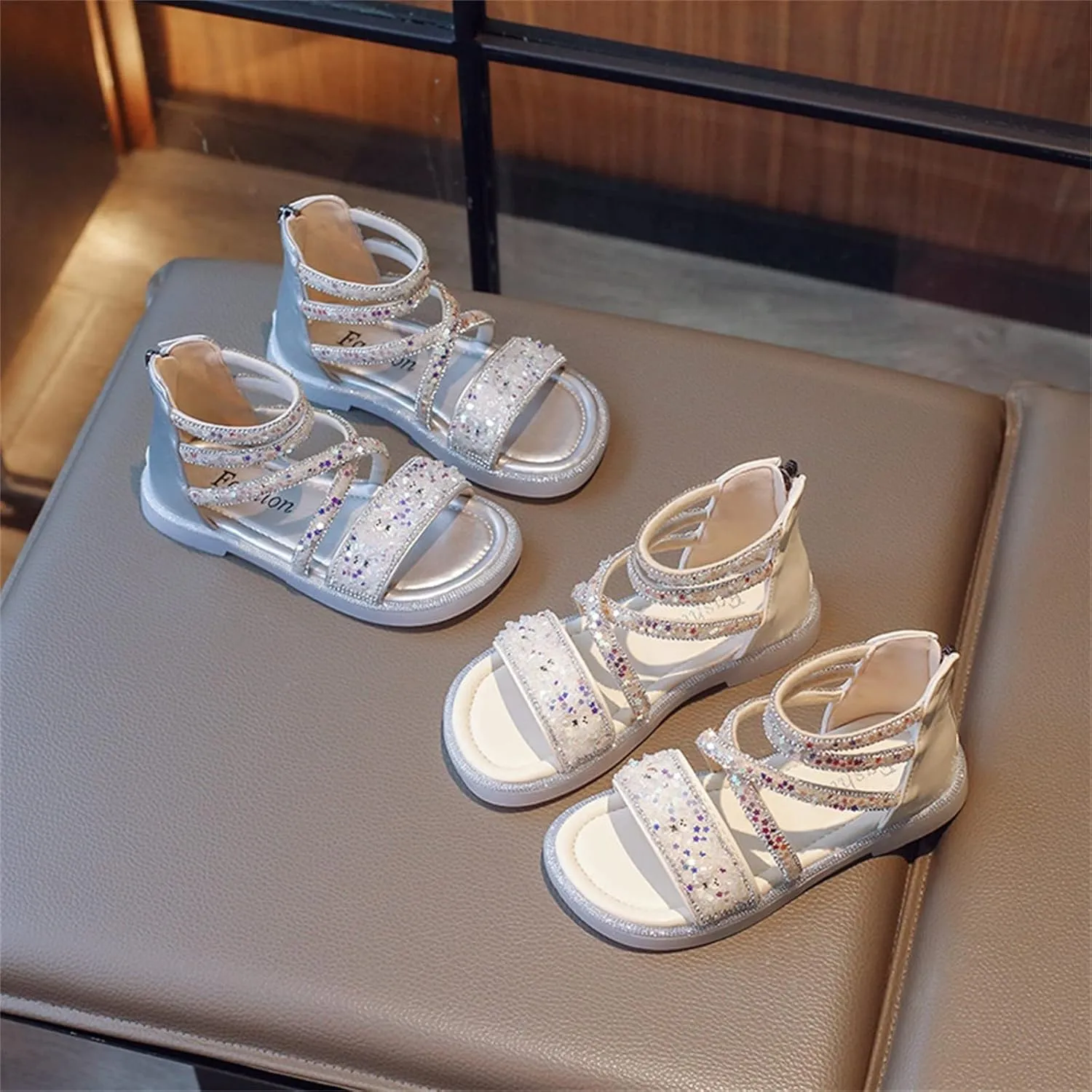 Toddler Baby Girls Summer Sandals Shiny Open Toe Leather Sandals Kids Girls Zipper High Shoes Anti-Slip Rubber Sole
