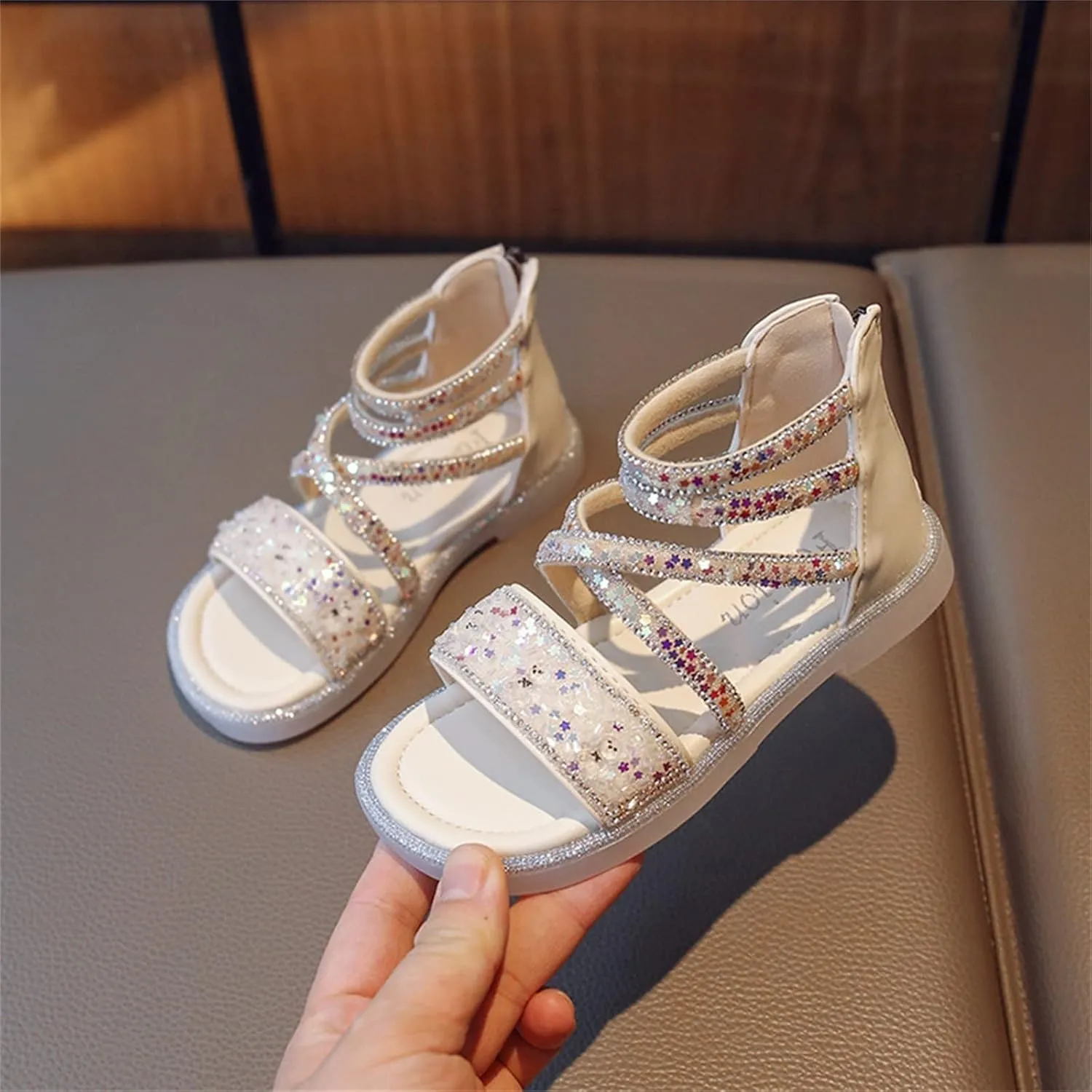 Toddler Baby Girls Summer Sandals Shiny Open Toe Leather Sandals Kids Girls Zipper High Shoes Anti-Slip Rubber Sole