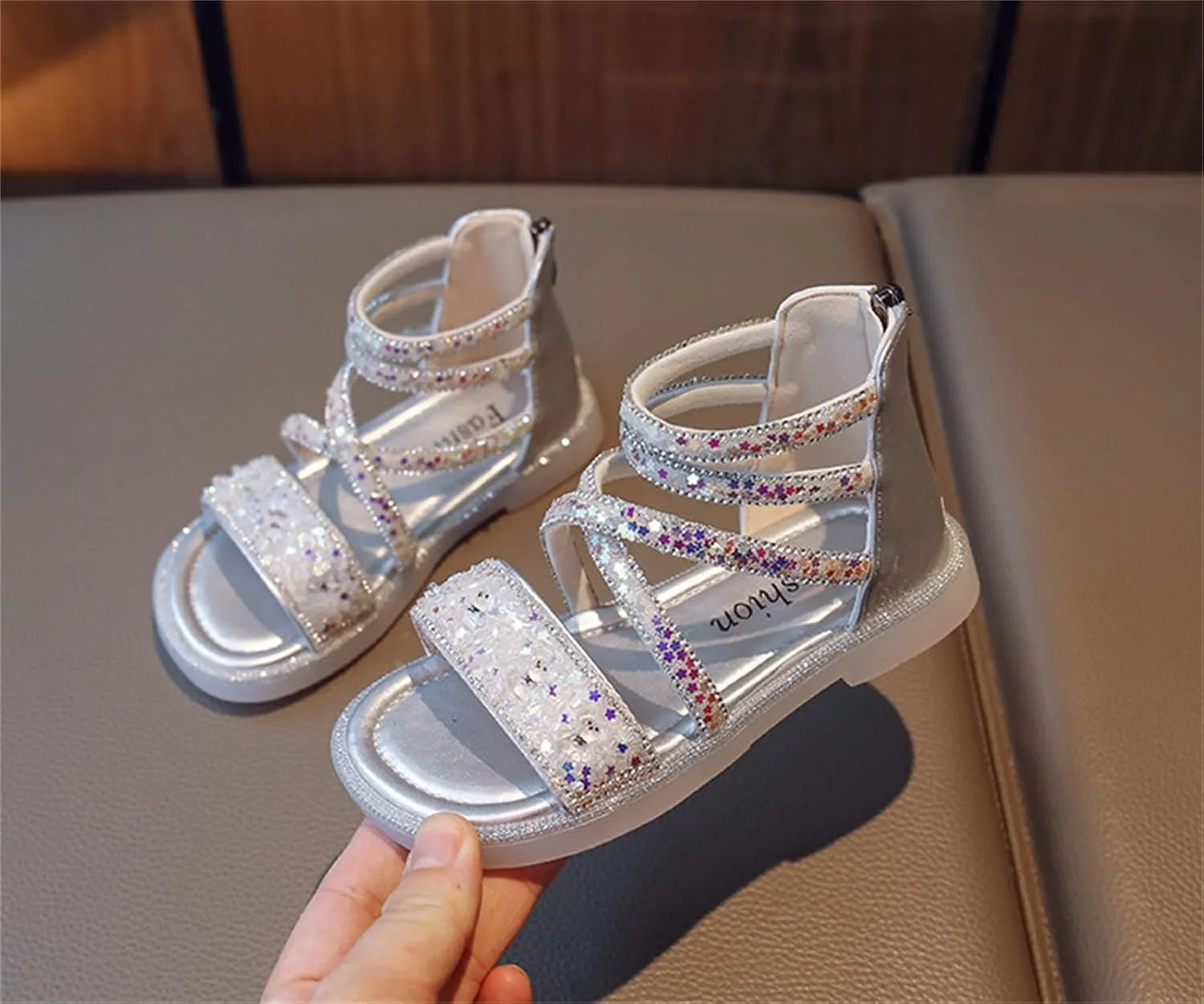 Toddler Baby Girls Summer Sandals Shiny Open Toe Leather Sandals Kids Girls Zipper High Shoes Anti-Slip Rubber Sole