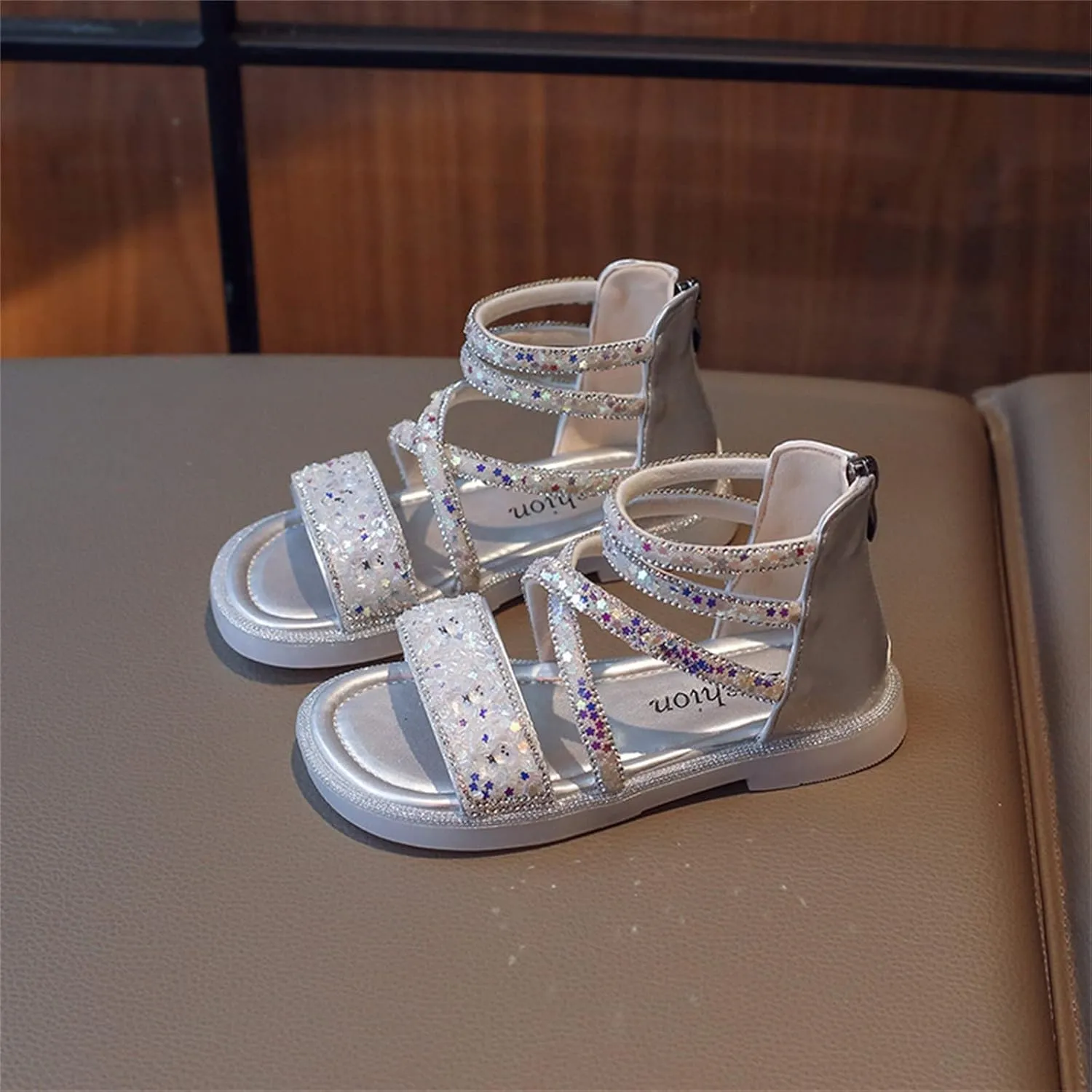 Toddler Baby Girls Summer Sandals Shiny Open Toe Leather Sandals Kids Girls Zipper High Shoes Anti-Slip Rubber Sole