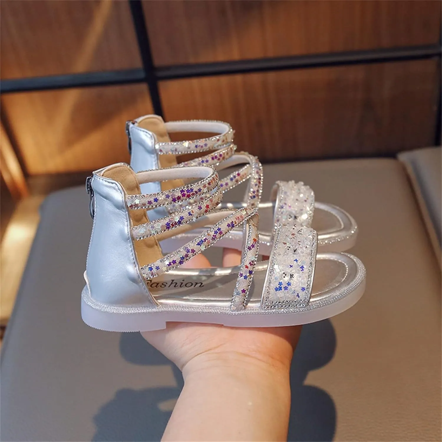 Toddler Baby Girls Summer Sandals Shiny Open Toe Leather Sandals Kids Girls Zipper High Shoes Anti-Slip Rubber Sole