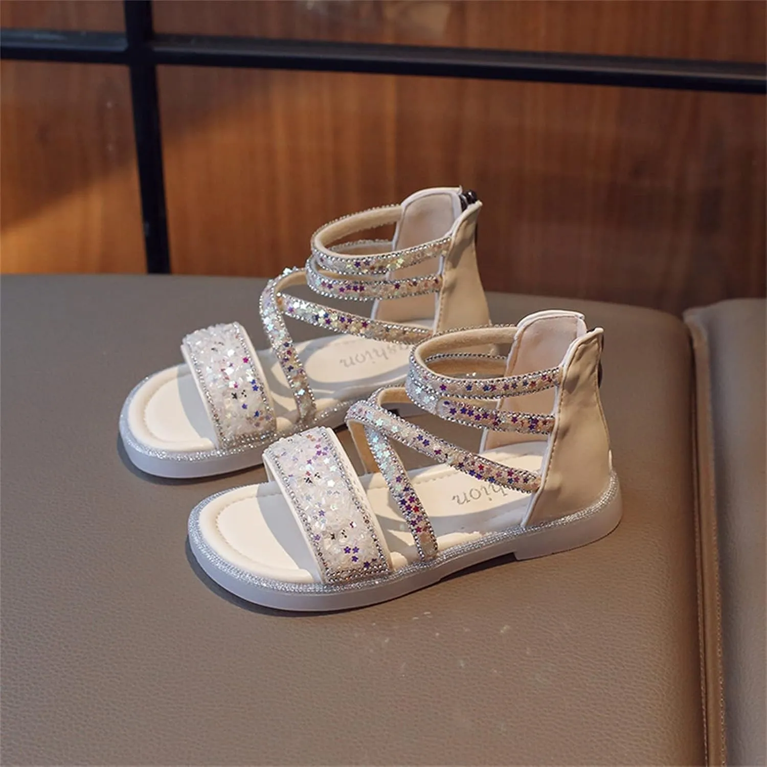Toddler Baby Girls Summer Sandals Shiny Open Toe Leather Sandals Kids Girls Zipper High Shoes Anti-Slip Rubber Sole