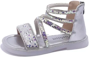 Toddler Baby Girls Summer Sandals Shiny Open Toe Leather Sandals Kids Girls Zipper High Shoes Anti-Slip Rubber Sole