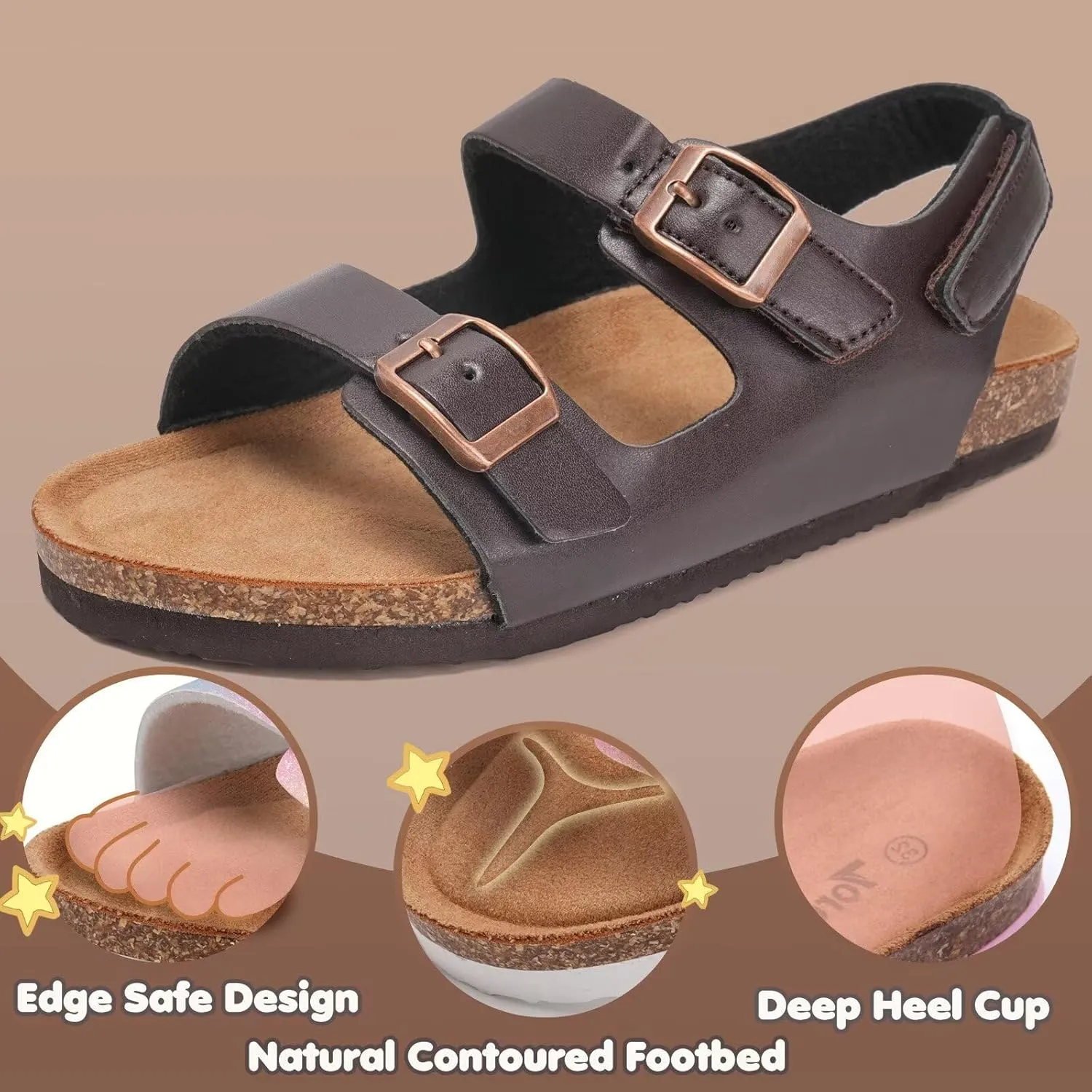 Torotto Toddler Kids Sandals Boys Girls Cork Footbed Sandals with Adjustable Buckle Casual Slides Open Toes Flat