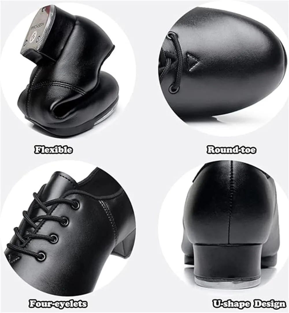 Unisex Kids Youth Boys Girls Black Tap Dance Shoes Lace-Up Heels Split Sole Jazz Dancing Shoes