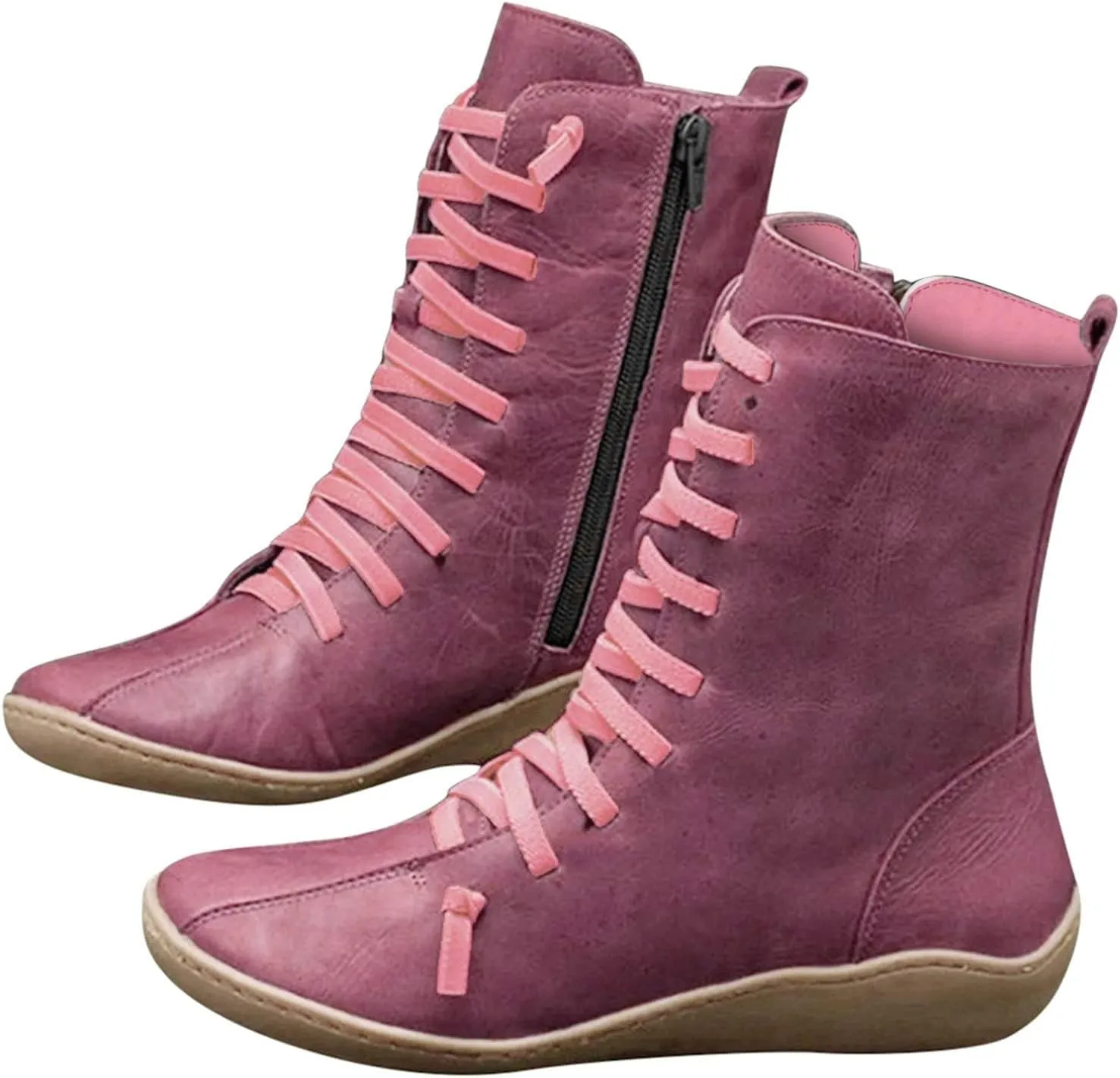 Waterproof Boots for Women Hiking Boots Women Round Toe Flat Lace up Mid Calf Hiking Boots for Women Comfortable
