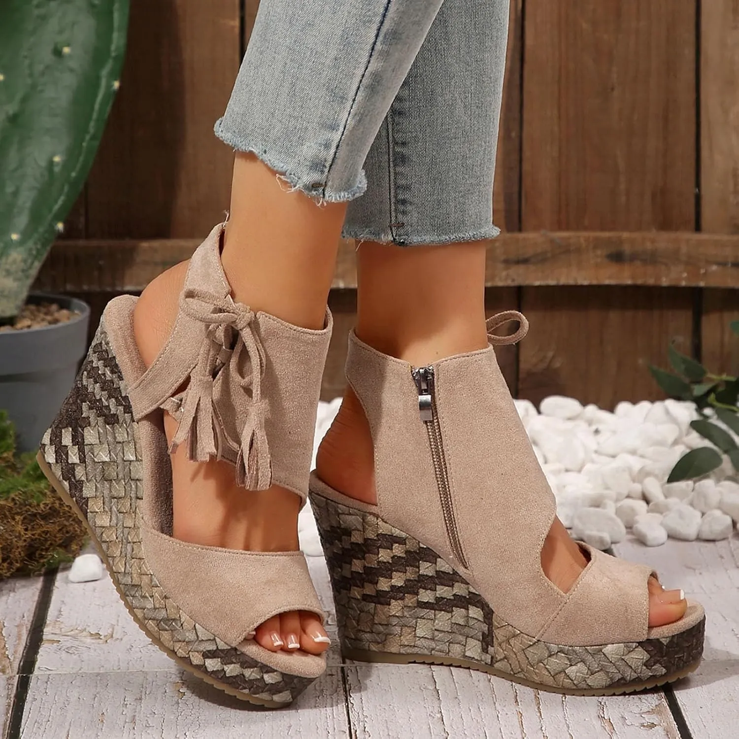 Wedge Sandals for Women 2025 Fishmouth Open Toe Shoes High Wedge Heel Side Zipper Slingback Ankle Strapy Beach Summer Footwear Arch Support Orthopedic Platform Sandals