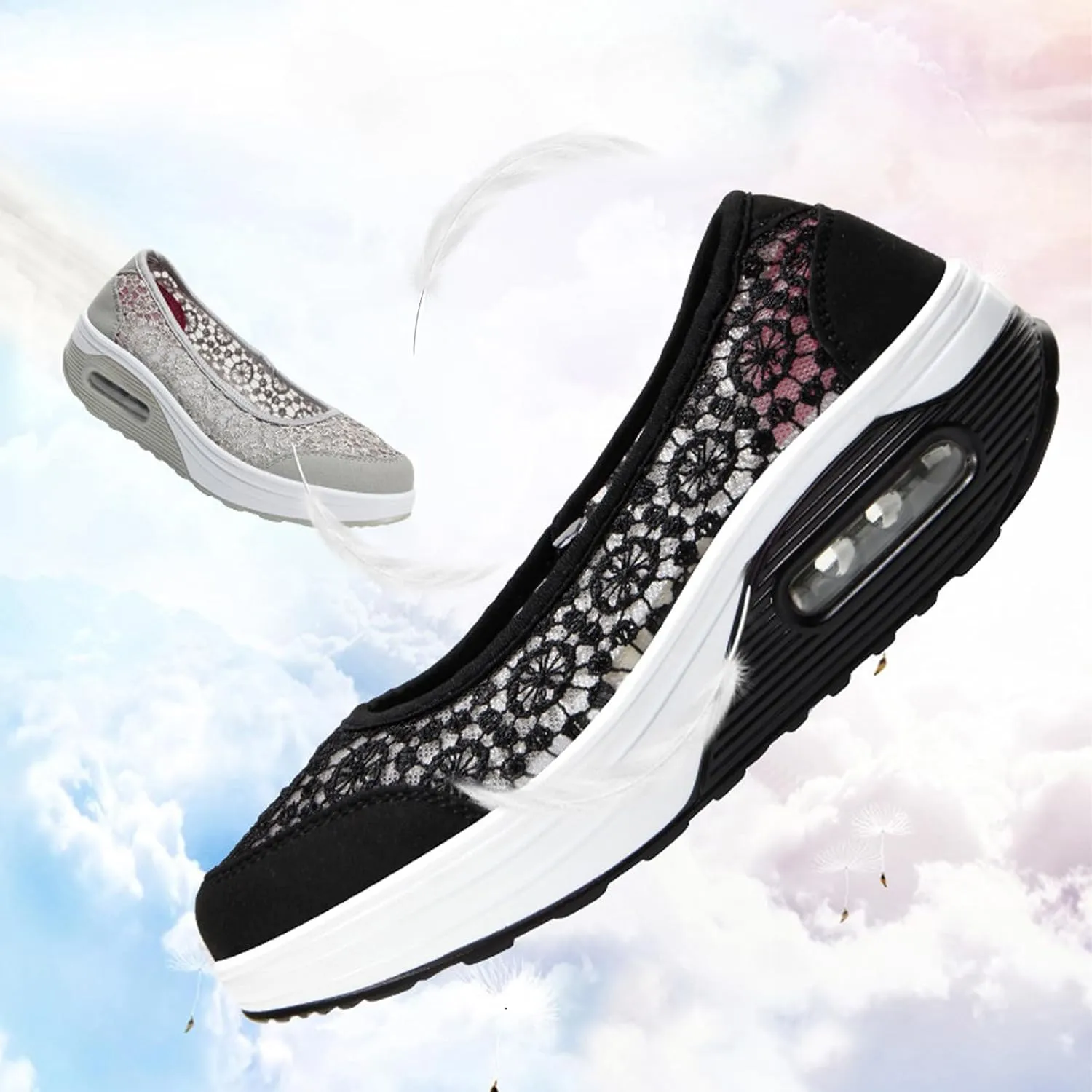 Womens Air Cushion Slip-On Walking Shoes, Summer Breathable Mesh Lightweight Orthopedic Platform Sneakers with Arch Support Non Slip Shoes