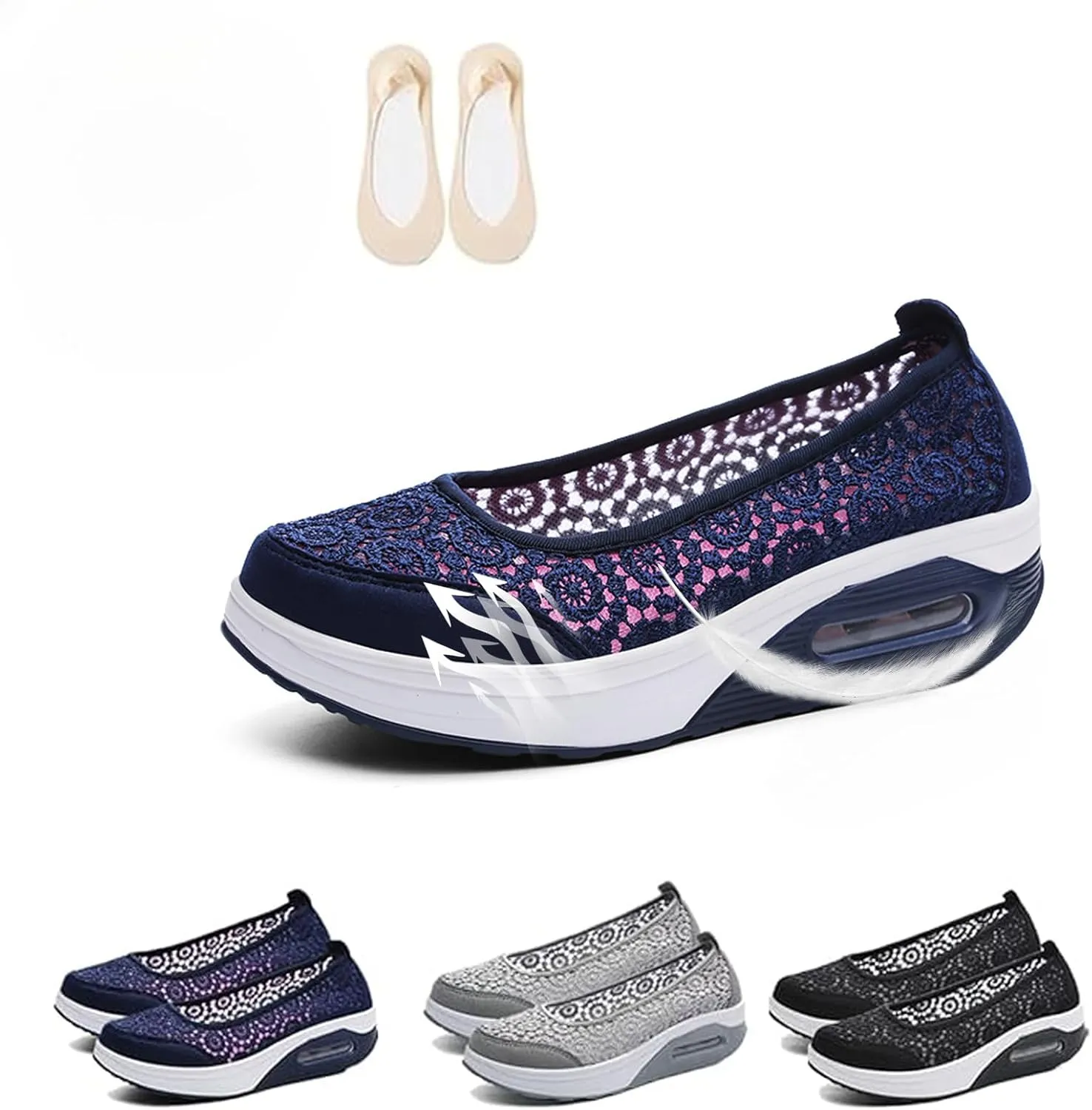 Womens Air Cushion Slip-On Walking Shoes, Summer Breathable Mesh Lightweight Orthopedic Platform Sneakers with Arch Support Non Slip Shoes