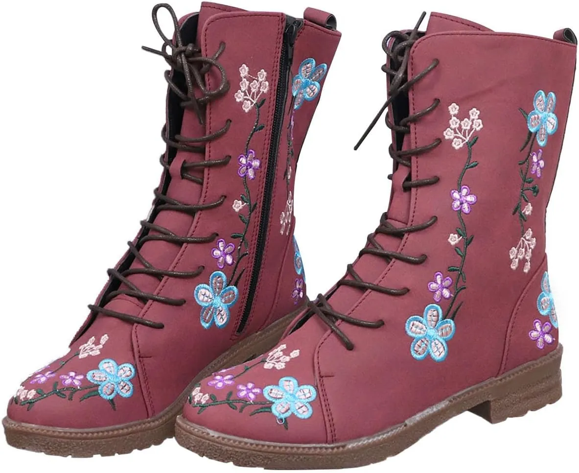 Womens Ankle Boots Western Boots Women Ladies Fashion Embroidered Mid Boots Women's Casual Chunky Heels Women's Boots