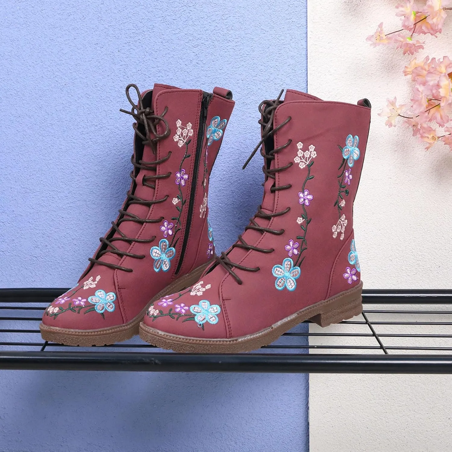 Womens Ankle Boots Western Boots Women Ladies Fashion Embroidered Mid Boots Women's Casual Chunky Heels Women's Boots