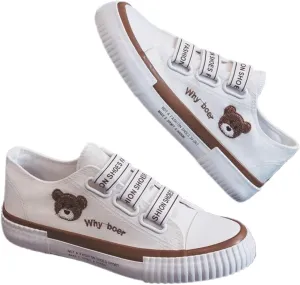 Women's Bear Canvas Sneakers Hook & Loop Breathable Anti-Slip Rubber Sole Fashion Stake Shoes for Girls