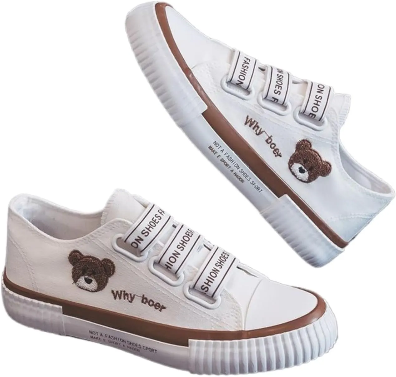Women's Bear Canvas Sneakers Hook & Loop Breathable Anti-Slip Rubber Sole Fashion Stake Shoes for Girls