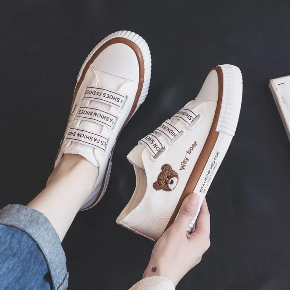 Women's Bear Canvas Sneakers Hook & Loop Breathable Anti-Slip Rubber Sole Fashion Stake Shoes for Girls