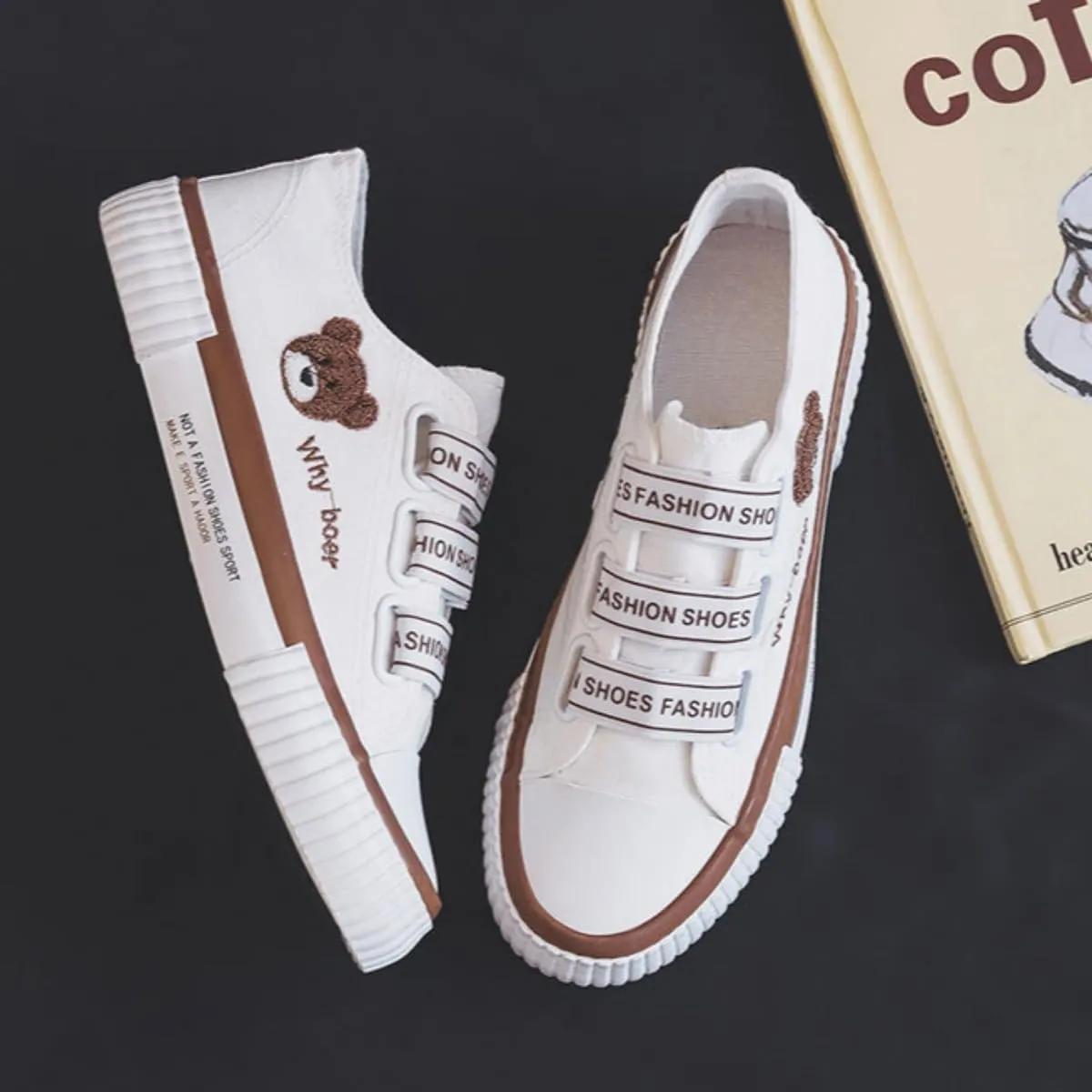 Women's Bear Canvas Sneakers Hook & Loop Breathable Anti-Slip Rubber Sole Fashion Stake Shoes for Girls