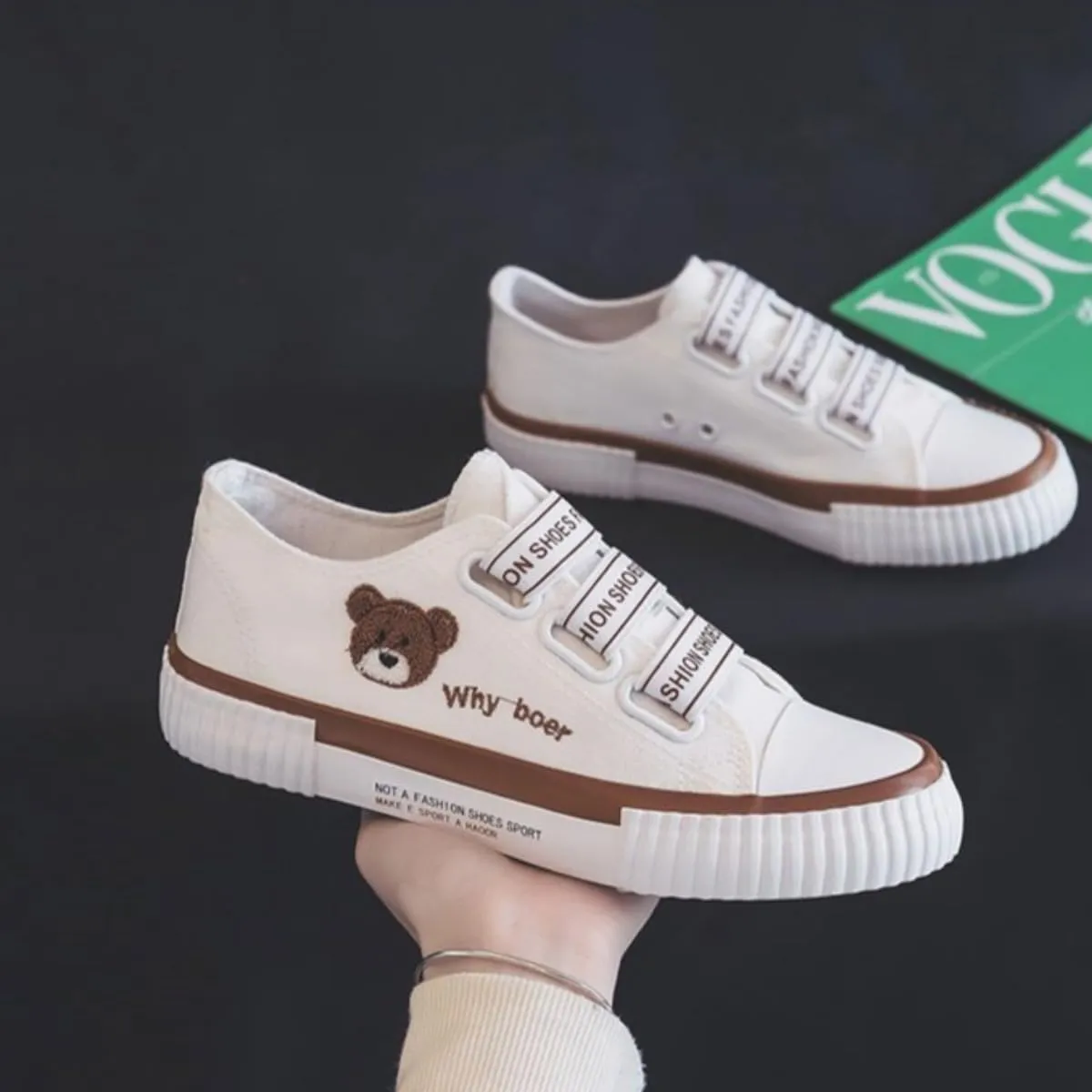 Women's Bear Canvas Sneakers Hook & Loop Breathable Anti-Slip Rubber Sole Fashion Stake Shoes for Girls