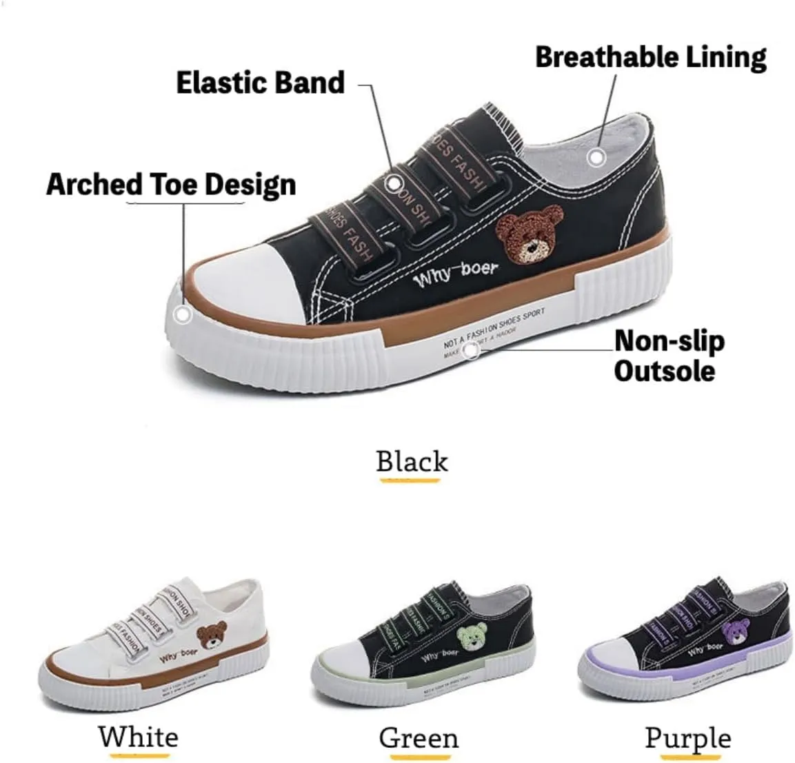 Women's Bear Canvas Sneakers Hook & Loop Breathable Anti-Slip Rubber Sole Fashion Stake Shoes for Girls