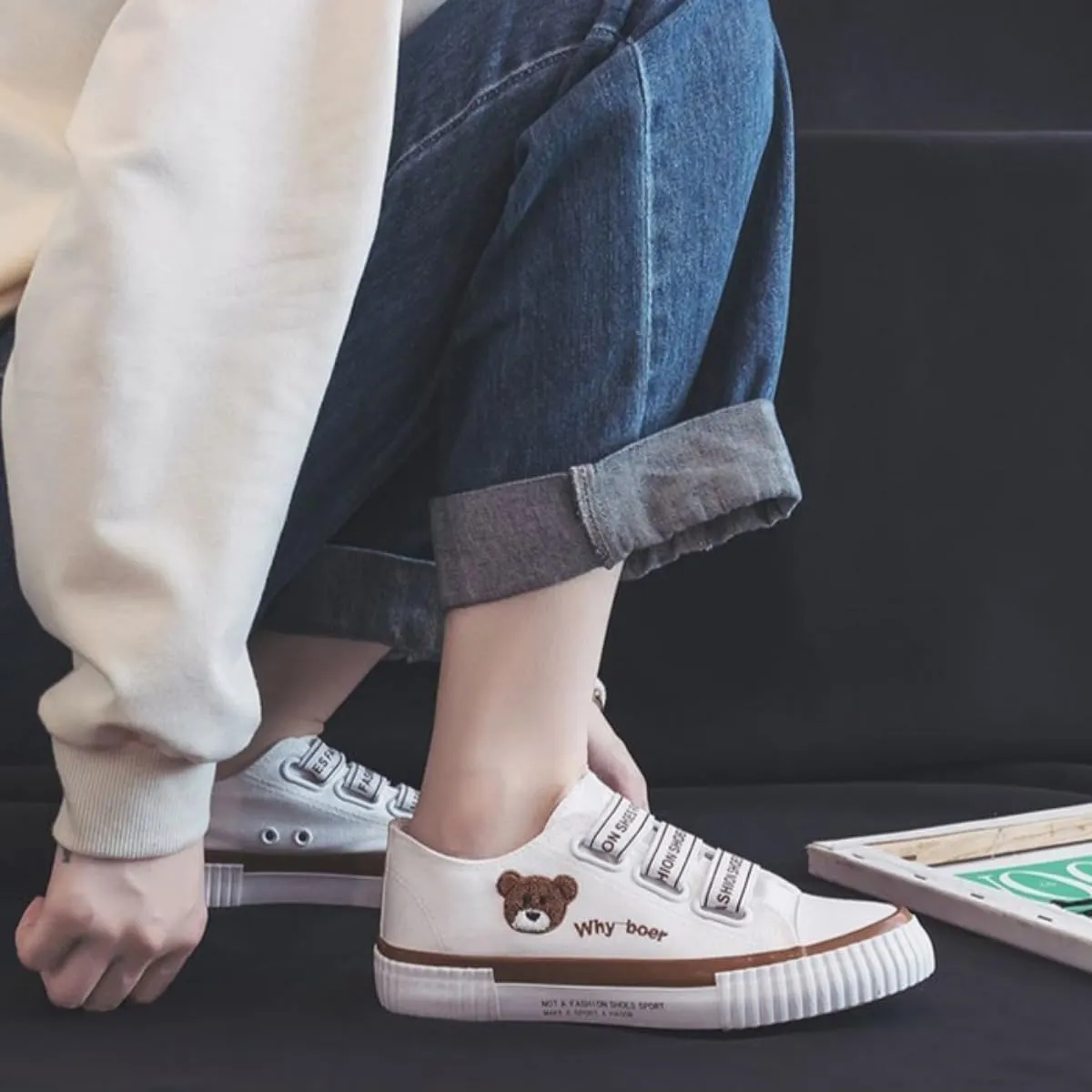 Women's Bear Canvas Sneakers Hook & Loop Breathable Anti-Slip Rubber Sole Fashion Stake Shoes for Girls