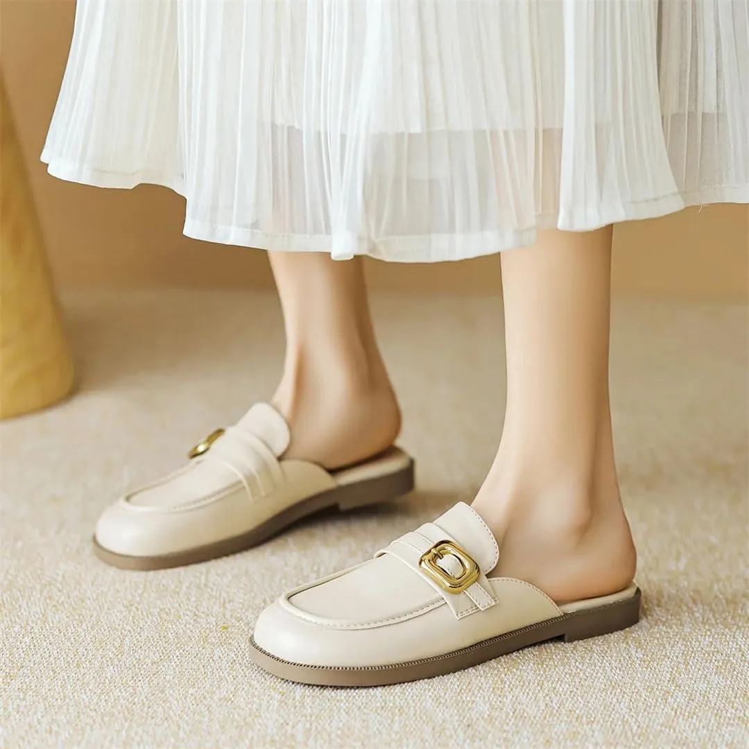 WomenS British Style Flat Heel Metal Decoration Pull On Casual Mules for Daily Shopping and Walking
