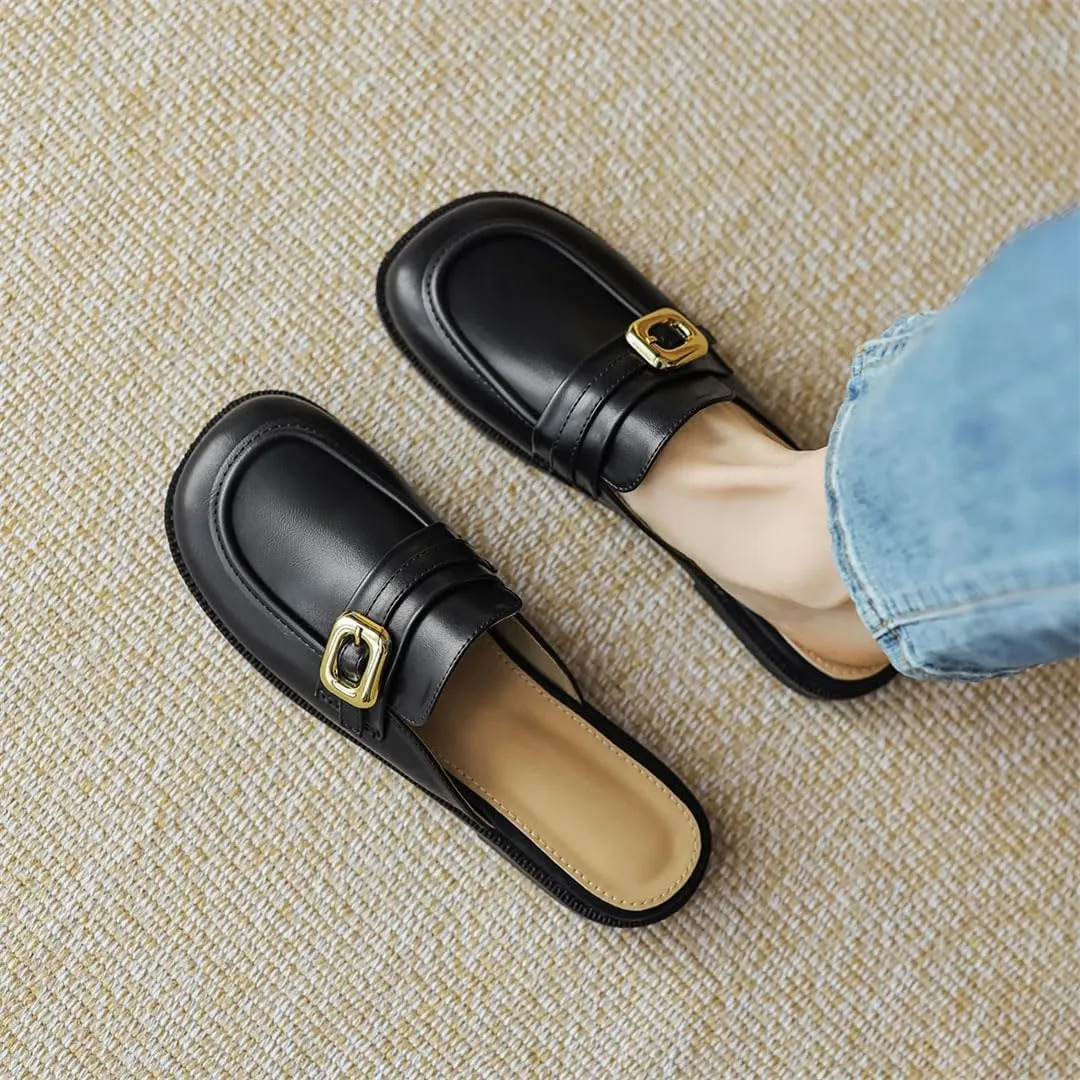 WomenS British Style Flat Heel Metal Decoration Pull On Casual Mules for Daily Shopping and Walking