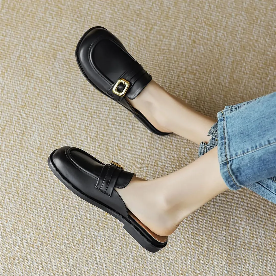 WomenS British Style Flat Heel Metal Decoration Pull On Casual Mules for Daily Shopping and Walking