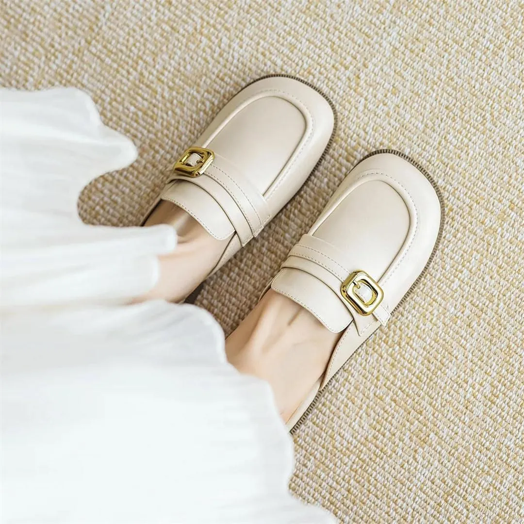 WomenS British Style Flat Heel Metal Decoration Pull On Casual Mules for Daily Shopping and Walking