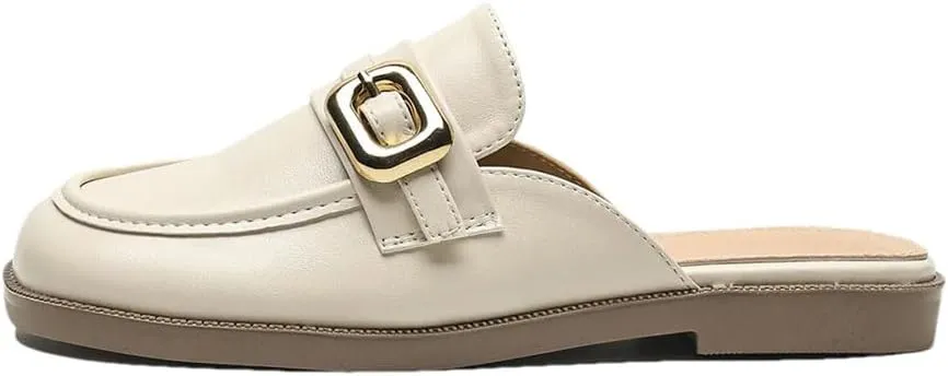WomenS British Style Flat Heel Metal Decoration Pull On Casual Mules for Daily Shopping and Walking