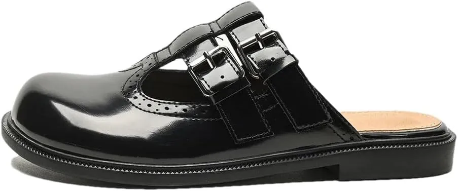 WomenS British Style Hollow Carved Design Pull On Flat Heel Metal Decor Mules for Daily Shopping and Walking