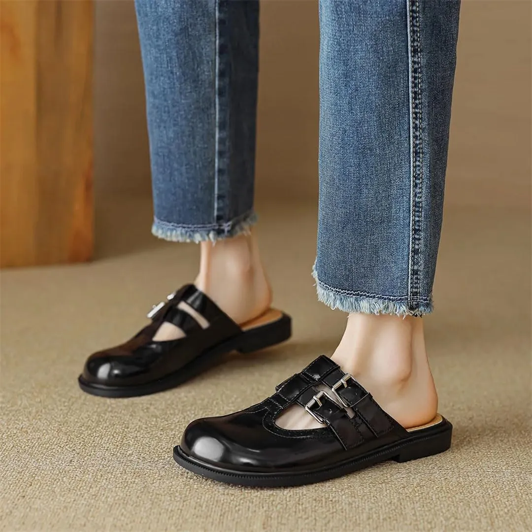 WomenS British Style Hollow Carved Design Pull On Flat Heel Metal Decor Mules for Daily Shopping and Walking