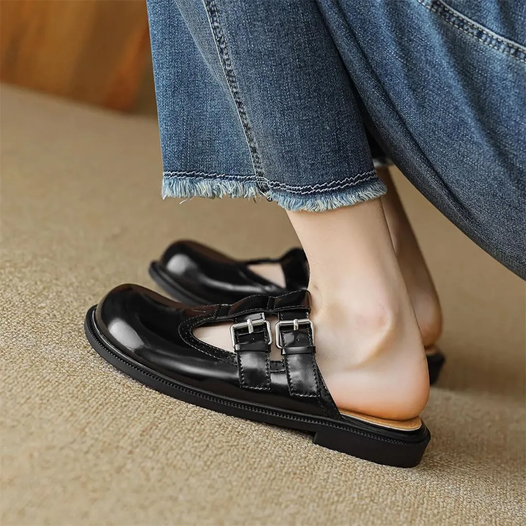 WomenS British Style Hollow Carved Design Pull On Flat Heel Metal Decor Mules for Daily Shopping and Walking