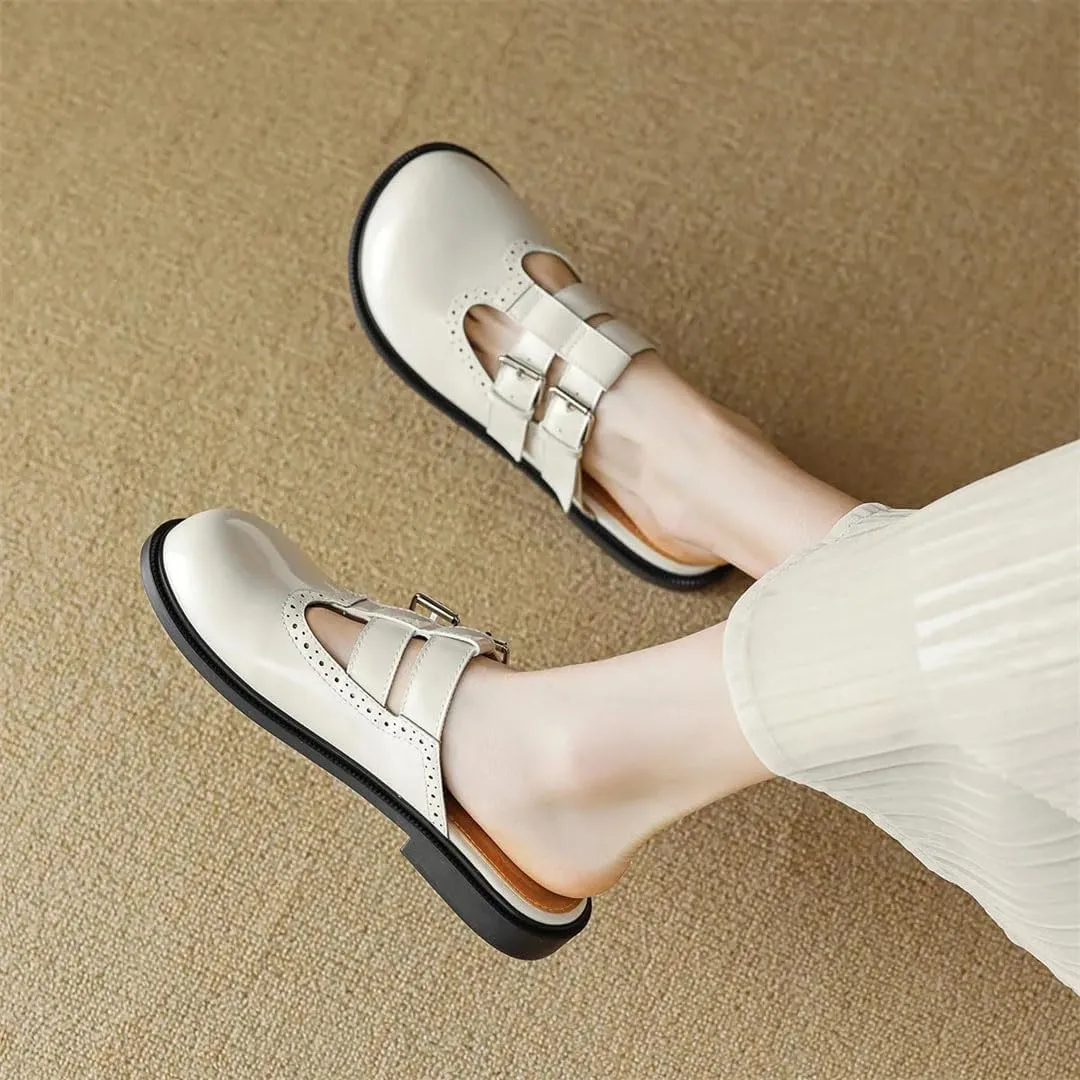 WomenS British Style Hollow Carved Design Pull On Flat Heel Metal Decor Mules for Daily Shopping and Walking