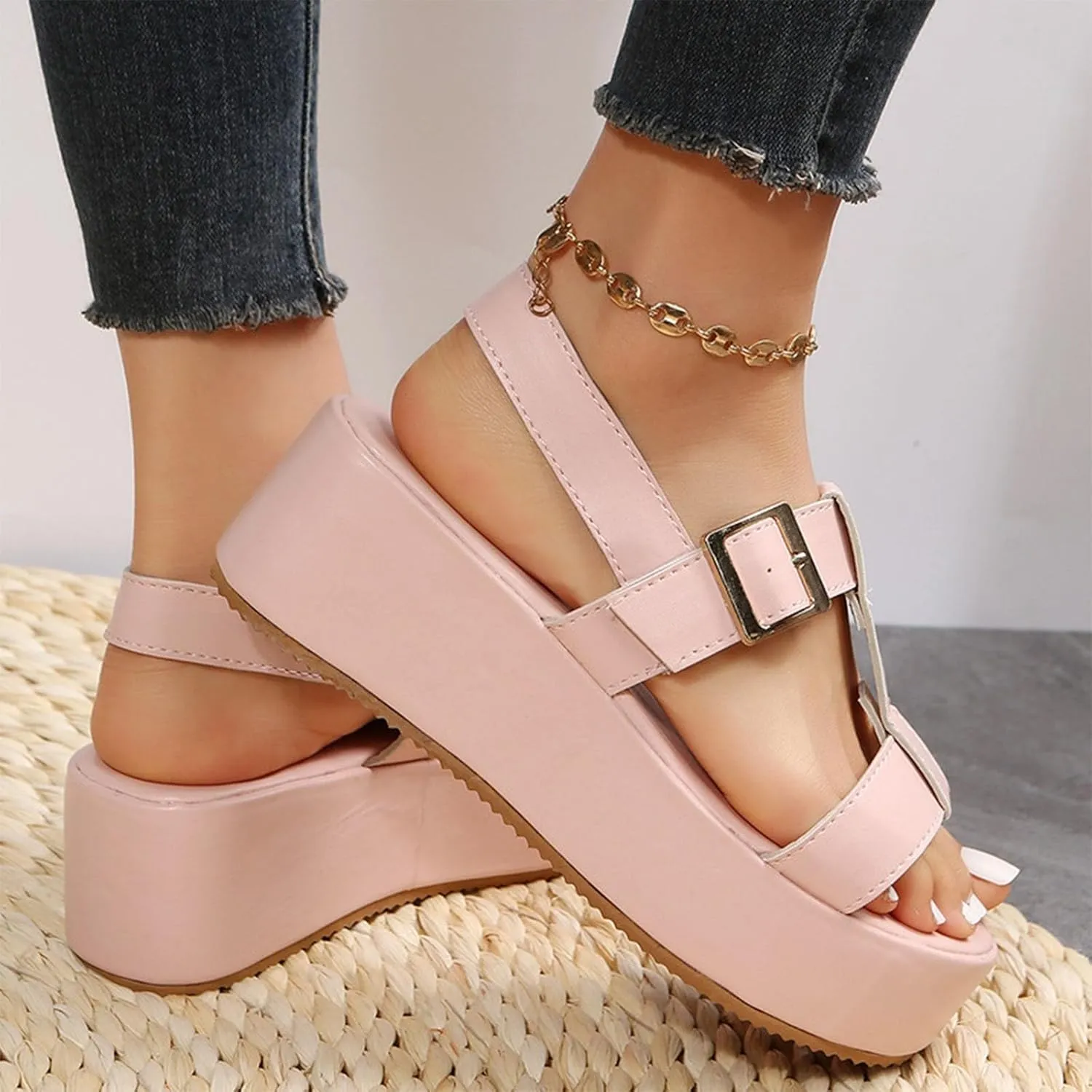 Women's Casual Wedge Sandals Breathable Walking Orthopedic Support Adjustable Ankle Strap Buckle Open Toe Platform Flat Soft Cushioned Footbed Slides Slip On Slippers Sandals Breathable