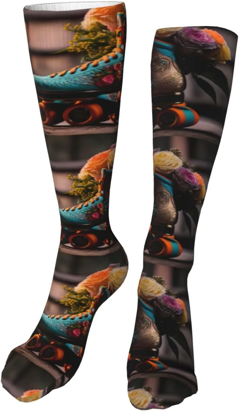 Womens Classic Floral Blue Skate Shoes Print Knee High Socks Long Cosplay Casual Socks For Womens
