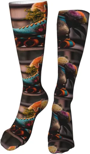 Womens Classic Floral Blue Skate Shoes Print Knee High Socks Long Cosplay Casual Socks For Womens